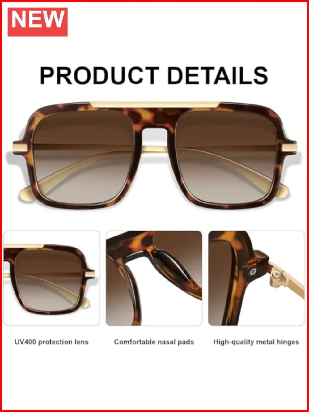 Retro Square Aviator Sunglasses UV400 Protection Metal Frame Unisex
